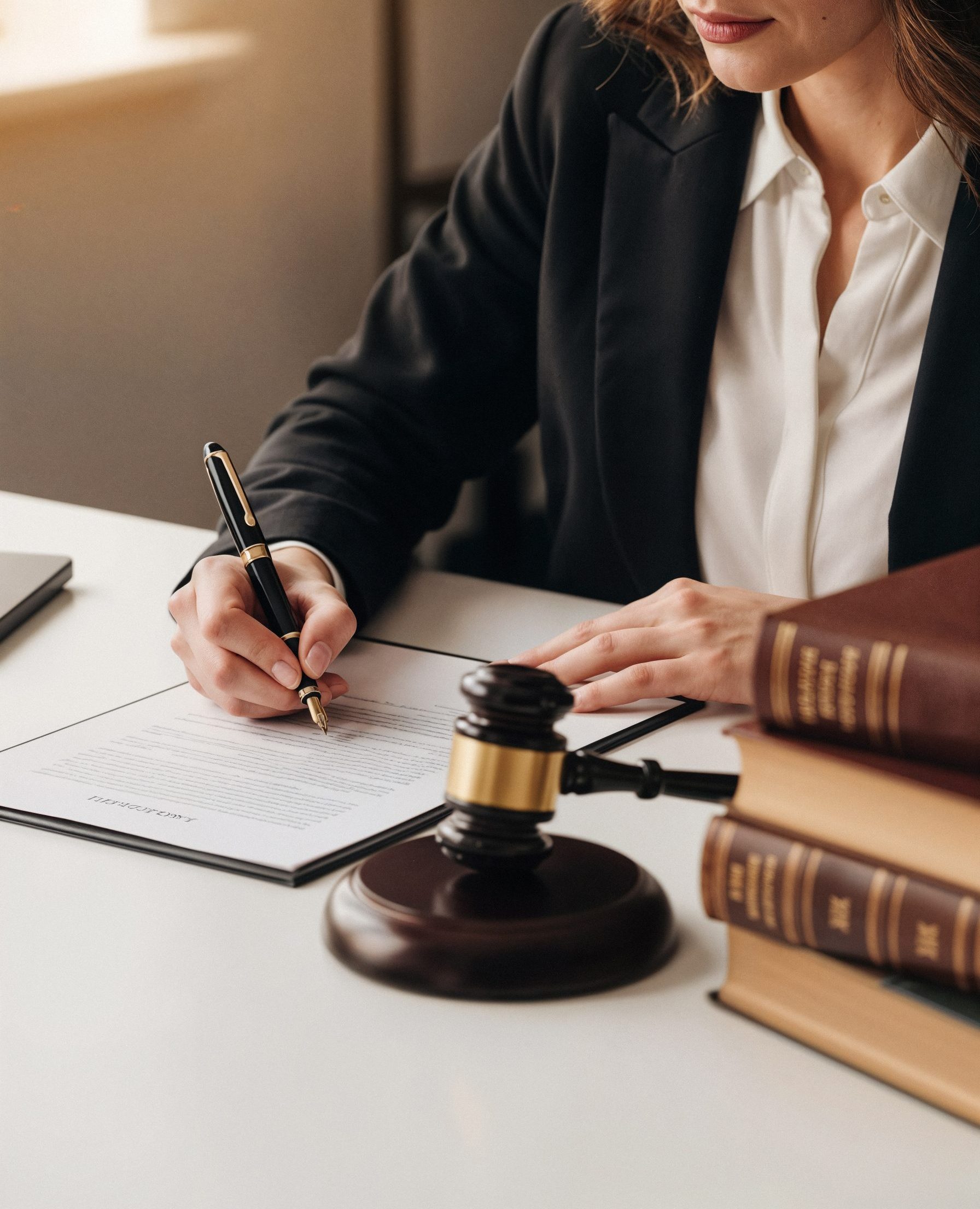 lawyer signing documents with gavel books
